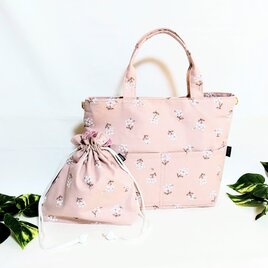 白い小花の2WAYバックと巾着袋(セット割引き品)