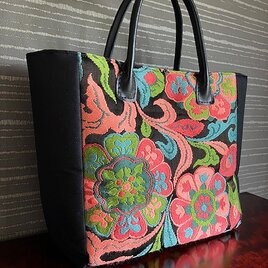 唐織り名古屋帯の手提げ　本革の手