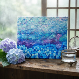 雨上がりの奇跡 〜光満ちる紫陽花畑〜 【油絵 原画 F4号】 アジサイ 紫陽花 絵画 インテリア 壁掛け 初夏 抽象画