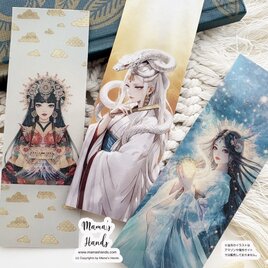 《しおり 3枚》☘️木花咲耶姫 / 弁財天 / 下照姫 古風 和風 日本神話 女神 イラスト アート 読書 プラスチック製