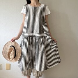 綿麻ウェザーストライプのギャザーワンピース