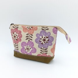 16cm花柄ポーチ☆内ポケット付き　パープル花柄×ブラウン帆布　904