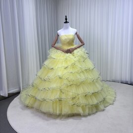 豪華！カラードレス イエロー ベアトップ ラッフルフリル 取り外しオーバースカート トレンド人気 花嫁