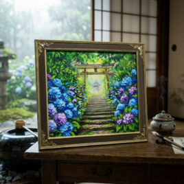 油絵「光へ続く、雨上がりの径」紫陽花と鳥居の風景画 / アジサイ絵画