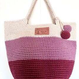 ニットボールが可愛い❣️コットン100%ボーダーシンプルBag