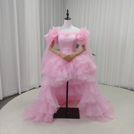 カラードレス 薄桃色 ベアトップ フレア袖 フィッシュテール ふっくら柔らかなバックリボン 可愛い 前撮り