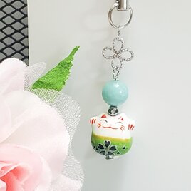 【幸運ストラップ・翡翠×招き猫】グリーン＊お守り＊癒し＊天然石ストラップ＊パワーストーンストラップ＊5月誕生石＊開運ストラップ