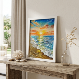 油絵 原画「黄金比の朝景」海と朝日の風景 額装アート 夏の模様替え ギフト包装対応
