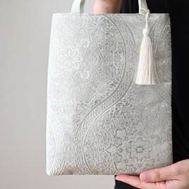 西陣織　服部織物　オリエント更紗　華紋様　薄グリーン・シルバー　シルク帯リメイク ミニサブバック /結婚式、フォーマル、和装にも