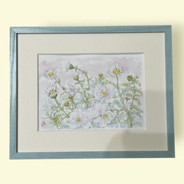 春の庭(水彩画、春、花、フレーム付き)