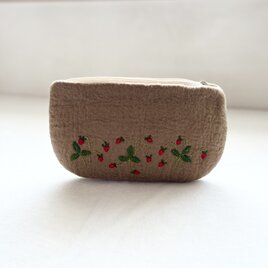 羊毛刺繍フェルトポーチ/  野いちご　茶
