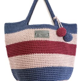 ニットボールが可愛い❣️コットン100%ボーダーシンプルbag