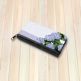 （送料無料）長財布【水彩調あじさいと白猫】（名入れ可）