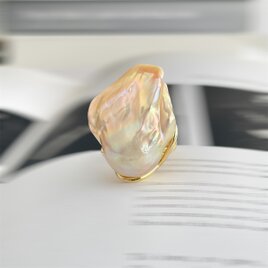 超大粒 オイスターバロックパール 虹色ペールゴールド リング　指輪 サイズフリー #12~ 金魚パール 1点もの