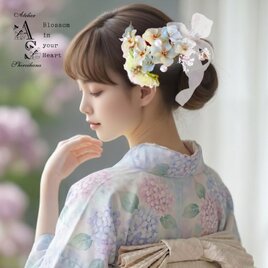 ⋆7点set⋆ とろける練乳色&淡エメラルドグリーン：トルコ桔梗ヘッドドレス《アメリカンフラワー》金色水引オプション無料