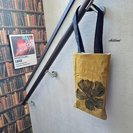 【sale】【リネントートバッグ】マスタード×ブラックフラワーレース【0859】
