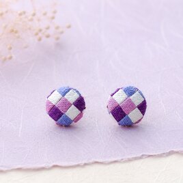 彩り格子 紫｜絽ざしピアス 1.6cm 国産絹糸 手刺繍 和モダン 紫色
