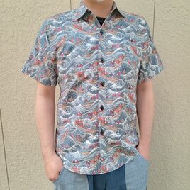 半袖和柄シャツ（荒波に猫妖怪）