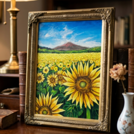 油絵 絵画【夏雲と富士を望むひまわりの丘】ひまわり畑と富士山