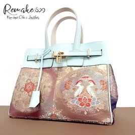 30サイズ#92◆着物帯と本革のリメイクバッグ◆remake.829 日本職◆kimonoremake