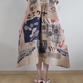 着物リメイク　ハンドメイド　柿渋染め　パッチワーク　ワンピース