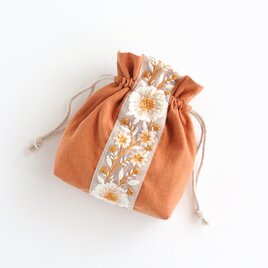 インド刺繍リボンのマチのある巾着ポーチ 　テラコッタ