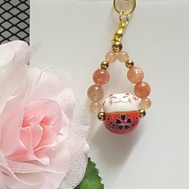【天然石ストラップ・サンストーン×招き猫】幸運＊金銭運＊開運＊お守り＊天然石＊パワーストーン＊キーホルダー＊可愛い