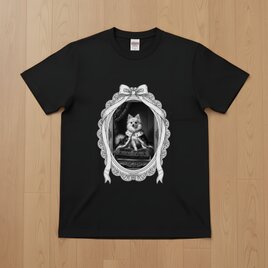 犬（ポメラニアン）半袖Tシャツ ルネサンス風モノクロアート ブラック 男女兼用