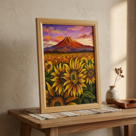【原画】油絵 絵画「黄金色の夕日と赤富士のひまわり畑」開運アート 風景画 夏インテリア 額縁付き
