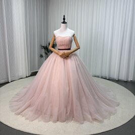 カラードレス 薄ピンク ベアトップ ソフトチュール フレアスカート ロングトレーン 編み上げ 披露宴