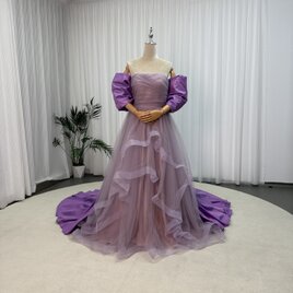 クラシカル パープル カラードレス ベアトップ ラッフルフリル ふっくら柔らかなバックリボン 花嫁