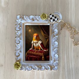 インコ（シロハラインコ）バッグチャーム ルネサンス風 ホワイト額縁デザイン