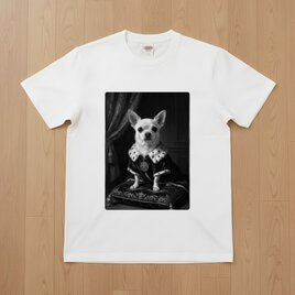 犬（チワワ）半袖Tシャツ ルネサンス風モノクロアート ホワイト 男女兼用