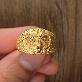 ふくろうリング： 純金仕上シルバー製 ・天然ダイヤモンド/４月の誕生石　【あなたの誕生石もセット出来ます。】　◎日本製