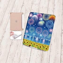 手帳型iPadケース《バックカバー：ソフトタイプ》片面印刷/カメラ穴有【水彩調花火とひまわり】名入れ可