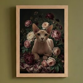 猫（スフィンクス）の花に囲まれた油絵風アート A4額装インテリア壁掛け
