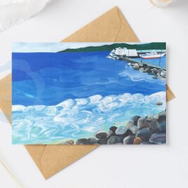 （137）海と白い波と小さな船の風景　ポストカード　3枚セット