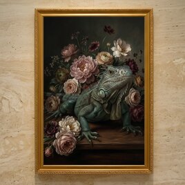 イグアナ（ブルーイグアナ）の花に囲まれた油絵風アート A3額装インテリア壁掛け