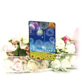二つ折りパスケース/ICカードケース/カードケース【水彩調花火とひまわり】（名入れ可）