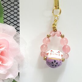 福 招き猫×チェリークォーツ＊天然石ストラップ＊幸運＊癒し＊お守り＊天然石＊パワーストーン＊キーホルダー＊可愛い