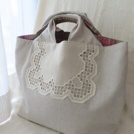 コットンリネンのトートバッグ（アンティークレース/北欧/ヴィンテージ/手刺繍/チェック/インポートファブリック/フレンチシック）