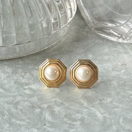 P810-ヴィンテージピアス U.S.A. 1980-90's Octagon Gold × Pearl