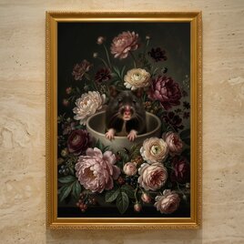 ハムスター（ブラックベアハムスター）の花の油絵風アート A3額装インテリア壁掛け