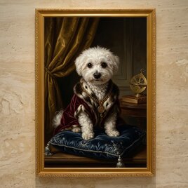 犬（ビションフリーゼ）のルネサンス風肖像画 油絵風アートA3額装インテリア壁掛け