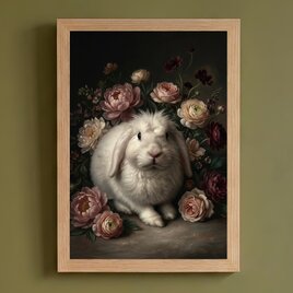 うさぎ（フレンチアンゴラ）の花に囲まれた油絵風アート A4額装インテリア壁掛け