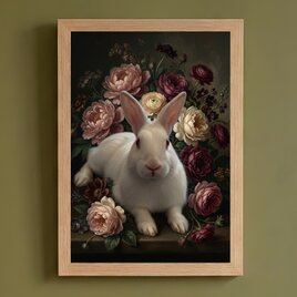 猫（ソマリ）の花に囲まれた油絵風アート A4額装インテリア壁掛け