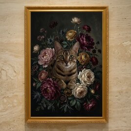 猫（エジプシャンマウ）のルネサンス風肖像画 油絵風アートA3額装