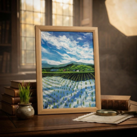 油彩画 原画】初夏の水鏡 〜きらめく青空と水田〜 A4絵画 田舎の風景