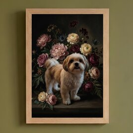 絵画 油絵 犬 シーズ 犬（シーズー）の花に囲まれた油絵風アート A4額装インテリア壁掛け