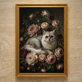 猫（ラグドール）の花に囲まれた油絵風アート A4額装インテリア壁掛け